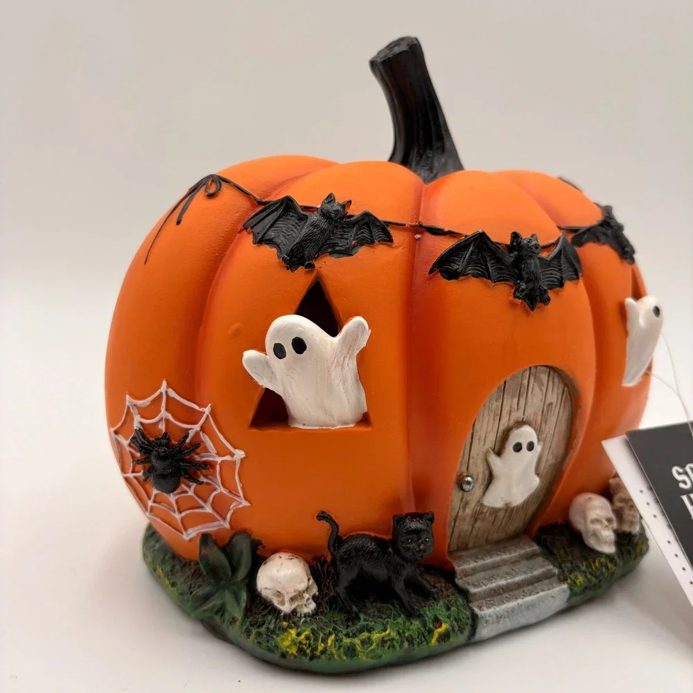 Spooky Hollow Halloween Haunted Pumpkin House Figurine Ghosts Bats Cat Skulls